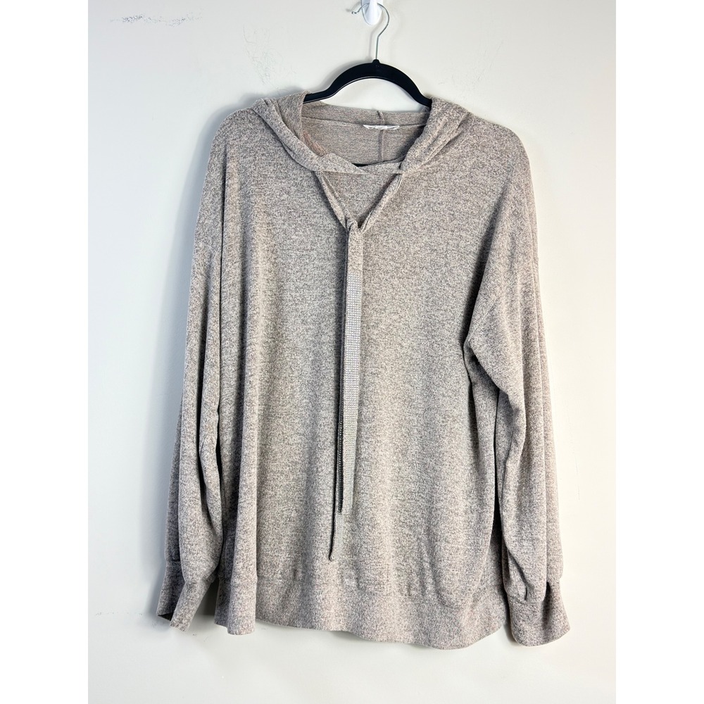Fyve Hoodie Tan Rhinestone Drawstring Knit Pullover Women 1X Plus Size